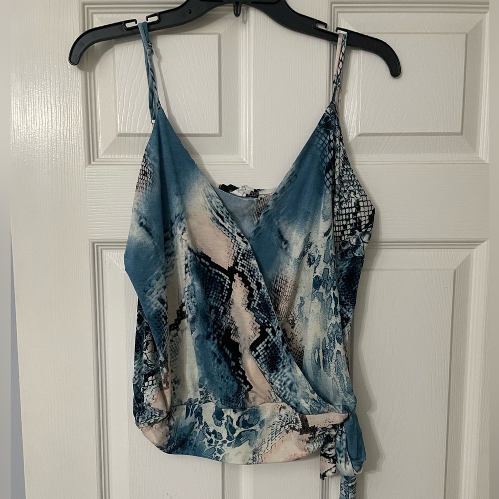 snakeskin criss cross tie top.